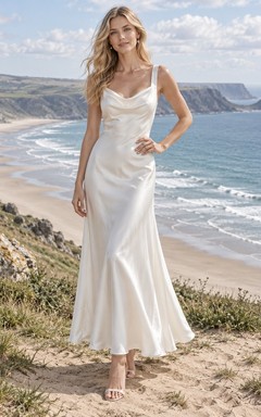 Vestido de novia sencillo de sirena sin mangas con escote drapeado y largo hasta los tobillos en charmeuse