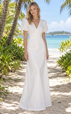 Brautkleid aus Baumwollpopeline mit V-Ausschnitt, kurzen Puffärmeln und geknöpftem Etui-Oberteil