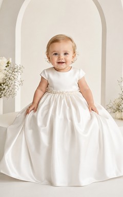 Round Neck Christening Gown A-Line Satin Lace Sleeveless Bow Back