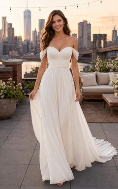 Robe de mariée romantique d'été en mousseline, élégante, épaules dénudées, coupe trapèze, idéale pour un mariage sur un toit-terrasse.