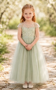 Blumenmädchenkleid aus salbeifarbener Spitze und Tüll, A-Linie, Rundhalsausschnitt, Teelänge