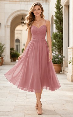 Robe de demoiselle d'honneur romantique en mousseline de soie rose poudré, coupe trapèze, longueur thé, décolleté cœur, sans manches, couleur Rosy Air