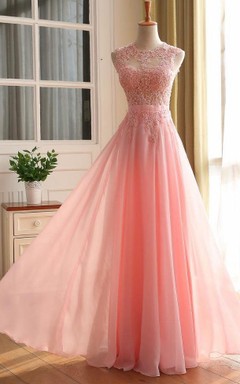 Vestido de gasa con encaje, sin mangas y con cremallera en la espalda, corte en A.
