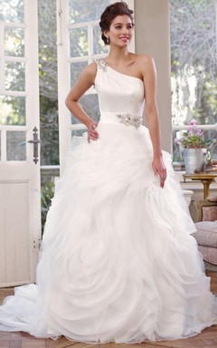 Maxi One-Shoulder Jeweled Organza Wedding Dress With Chapel Train And Corset Back