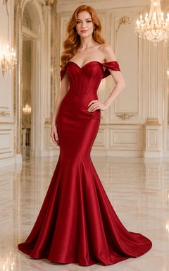 Evening Gown Red Satin Mermaid Off Shoulder Short Sleeve Floor Length