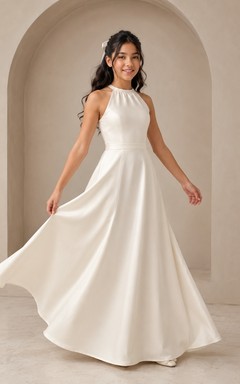 Junior-Brautjungfernkleid, A-Linie, hoher Kragen, ärmellos, Satin, schlicht