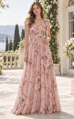 Vestido de dama de honor de gasa rosa rubor con lazo floral, tirantes, escote en V y largo hasta el suelo, corte en A.