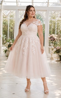 Lace Applique Tea-Length Wedding Dress