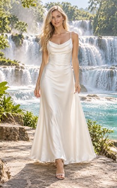 Cowl-Neck Charmeuse Wedding Dress with Spaghetti Straps and Sheath Skirt