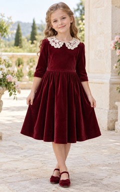 Vintage Tea-length Burgundy Three-quarter Sleeve Lace Collar Velvet Flower Girl Dress