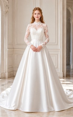 Lace Illusion Neck Long Sleeve A-line Sweep Train Formal Dress