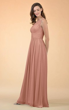 Elegantes, schulterfreies, bodenlanges Chiffon-Brautjungfernkleid in A-Linie mit Raffungen und A-Linien-Schnitt