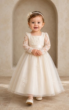 Champagne Embroidered Lace Sleeve Baby Baptism A-Line Bow Back Dress