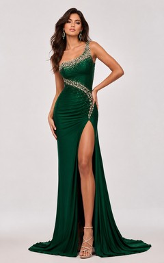 Dark Green One-Shoulder Mermaid Prom Gown