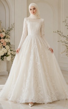 Vestido de novia musulmán de corte A con escote cuadrado y encaje discreto