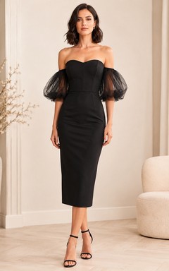 Black Satin Strapless Puff-Sleeve Elegant Knee-Length Cocktail Dress