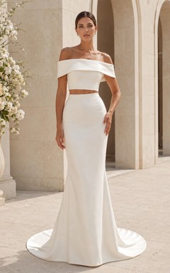 Modern Off Shoulder Satin Two Piece Wedding Sheath Short Sleeve Sweep Train