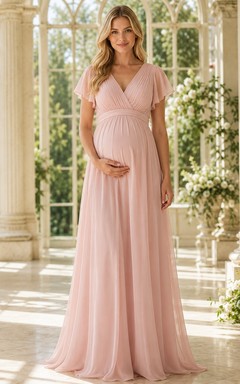 Maternity Empire Cap Sleeve Chiffon Floor Length Elegant Formal Dress