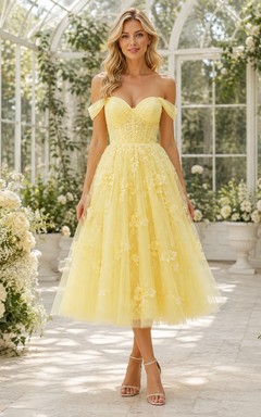 Daffodil Tulle Off-the-shoulder Short Sleeve A-Line Tea-length Floral Formal Dress