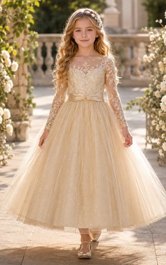 Flower Girl Dress Champagne Lace Tulle A-Line Long Sleeve Jewel Neck Floor Length