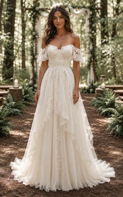 Boho Princess A-Line Wedding Dress Off Shoulder Sweetheart Tulle Lace Applique Ruffle Floor Length Chapel Train Ivory