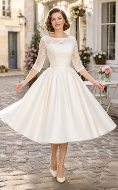 Vintage Bateau Long Sleeve A-Line Tea-length Bridal Wedding Dress