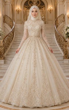 Luxury Muslim Beaded Lace Ball Gown Bridal Dress With Palace Train