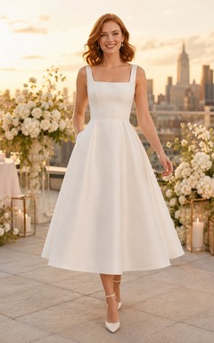 Simple Square Neck Strap Satin A-Line Tea-Length Civil Courthouse Wedding Dress
