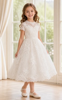 Robe de demoiselle d'honneur vintage mi-longue, trapèze, manches courtes festonnées, en dentelle, coupe trapèze, manches courtes festonnées