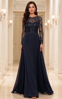 Vestido de noche largo hasta el suelo con encaje de ilusión discreta y mangas largas, corte en A