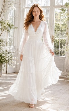 Bohemian V-Neck Balloon Sleeve Tiered Chiffon A-Line Floor-Length Wedding Dress