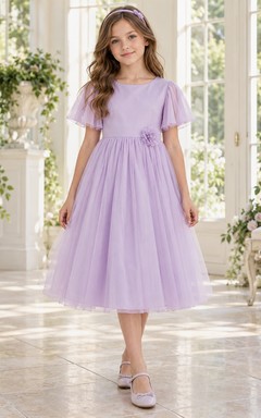 Lilac Tea-length Jewel Flutter-sleeve Tulle Gathered Floral Unbanded Zipper-back Flower Girl Dress