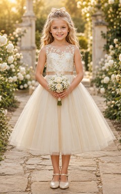 Blumenmädchenkleid aus champagnerfarbener Spitze und Tüll, A-Linie, Rundhalsausschnitt, Teelänge, Schärpendetails