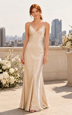 Robe fourreau en satin à fines bretelles et décolleté en V pour séance photo de fiançailles au champagne