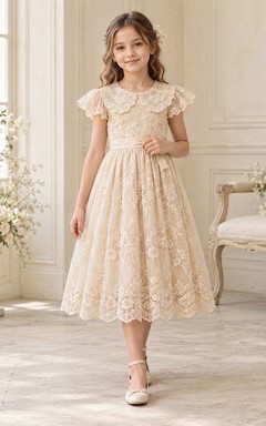 Tea-length Vintage Champagne A-line Lace Flutter-sleeve Scalloped Bow-back Flower Girl Dress