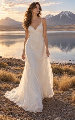 Vestido de novia de gasa con escote en V, cintura drapeada y tirantes finos.