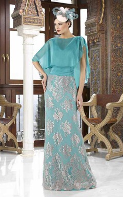 Robe de mère de la mariée en tulle à col rond et manches courtes appliquées, avec cape