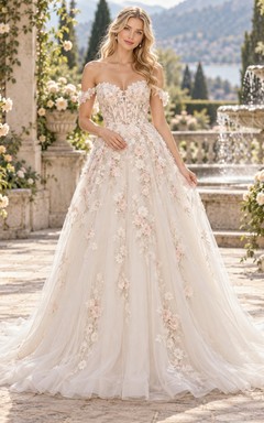Brautkleid mit Blumenapplikationen, schulterfreiem Ausschnitt und A-Linien-Schnitt aus Tüll und Blumenapplikationen