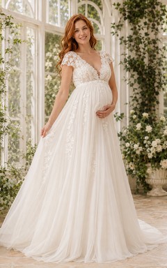 Umstands-Hochzeitskleid im A-Linien-Stil mit kurzen Ärmeln aus Spitze im Gewächshausstil