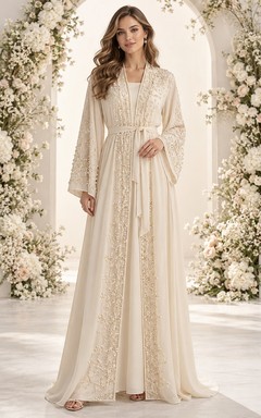 Modest Long Sleeve Ivory Embroidered Belted Flowing Engagement Abaya Dress