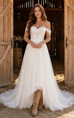 Robe de mariée de maternité, épaules dénudées, manches en dentelle, coupe trapèze, décolleté en cœur