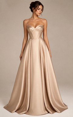 Robe de soirée en satin champagne, corsage structuré, longueur au sol, coupe trapèze