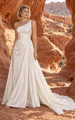 Vestido de novia largo hasta el suelo, sin mangas, de charmeuse, con fruncido lateral sencillo, un solo hombro y drapeado.