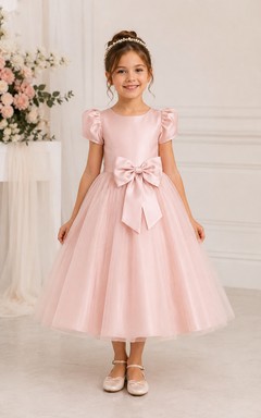 Blushing Pink Tea-Length A-Line Satin Flower Girl Dress with Bow Sash