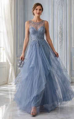 Vestido largo hasta el suelo de corte A con tul y escote ilusión azul acero vintage y cuentas