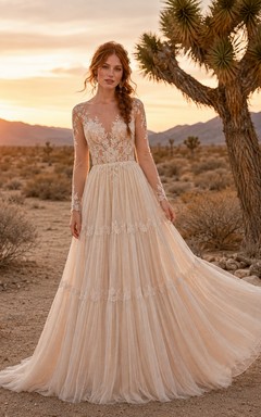 Champagne Boho Lace Bodice Tiered Tulle Desert Bridal Gown