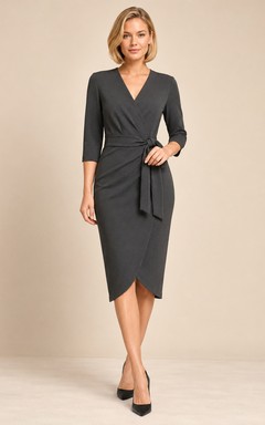 Charcoal V-neck three quarter sleeve wrap sheath midi dress