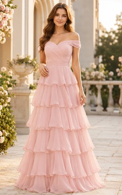 Zartrosa, schulterfreies, bodenlanges A-Linien-Kleid aus gestuftem Rüschen-Tüll mit Rüschen, das sich perfekt für festliche Anlässe eignet