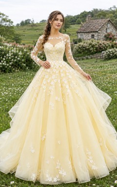 Yellow Long Sleeve Floral Ball Gown Cottage Bridal Dress