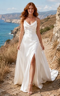 Vestido de satén con escote drapeado y abertura lateral para fugarse a un acantilado costero.